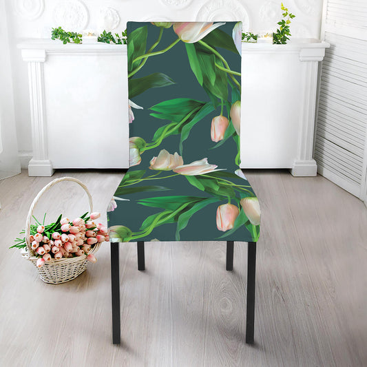 White Tulip Pattern Print Dining Chair Slipcover