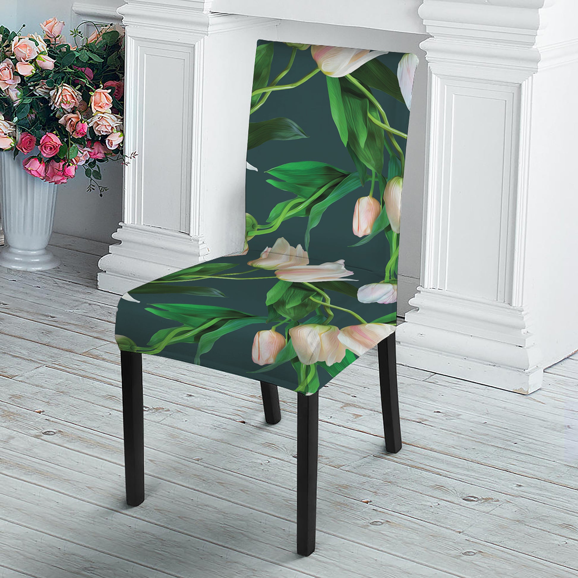 White Tulip Pattern Print Dining Chair Slipcover