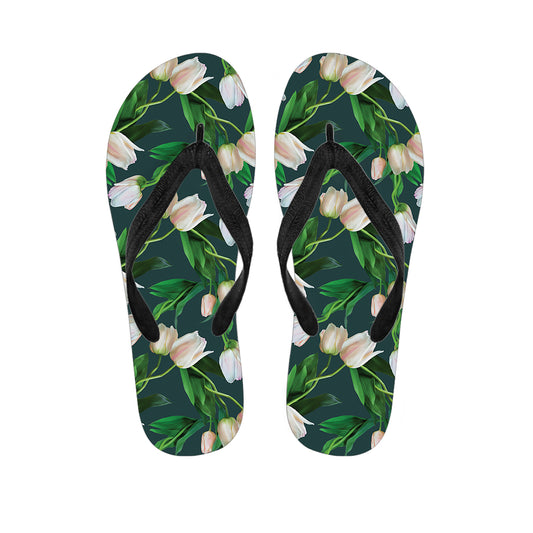 White Tulip Pattern Print Flip Flops