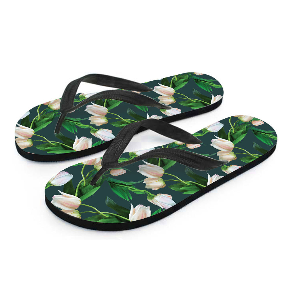 White Tulip Pattern Print Flip Flops