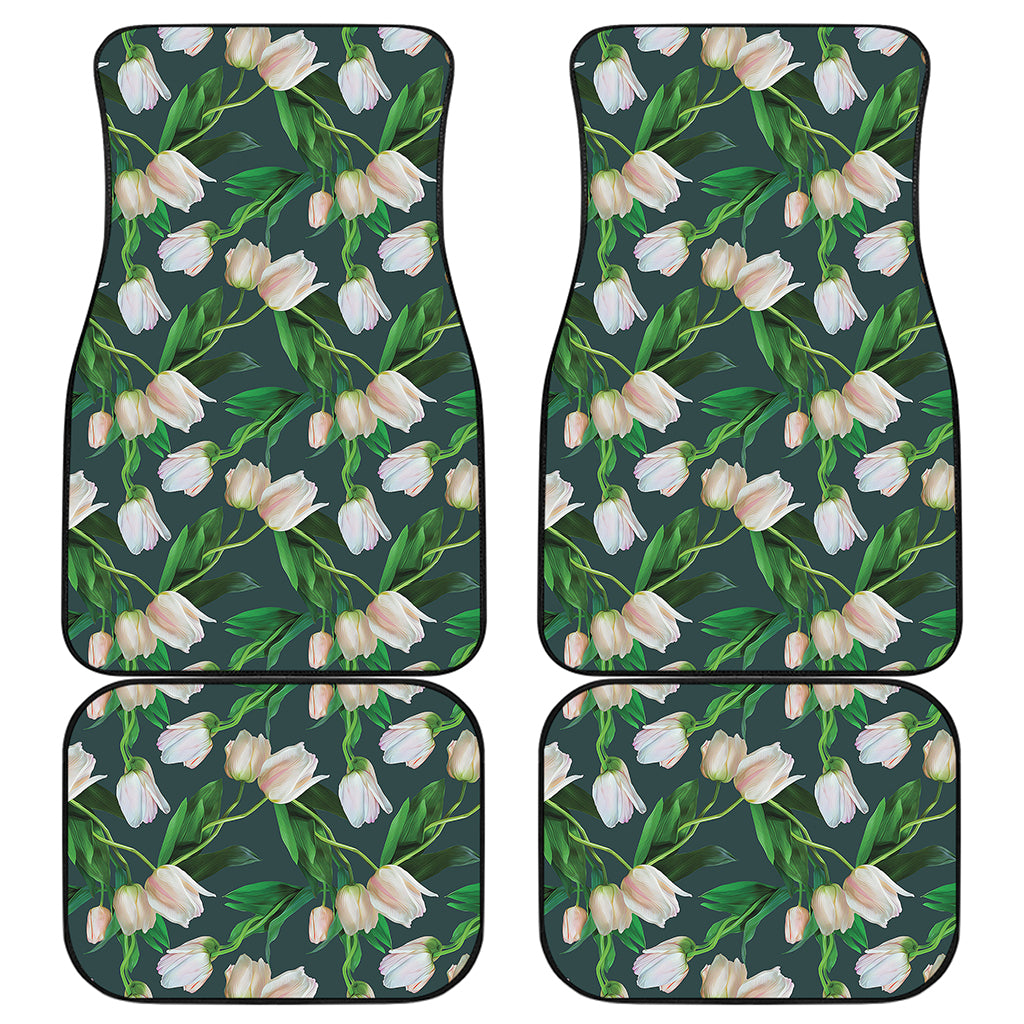 White Tulip Pattern Print Front and Back Car Floor Mats