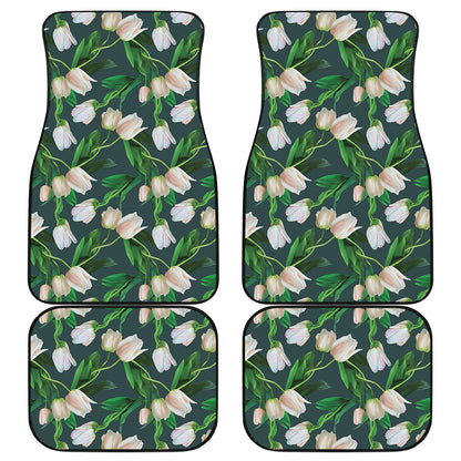 White Tulip Pattern Print Front and Back Car Floor Mats
