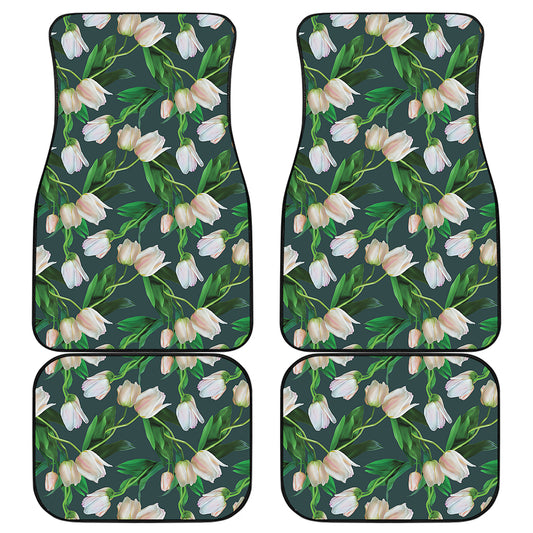 White Tulip Pattern Print Front and Back Car Floor Mats