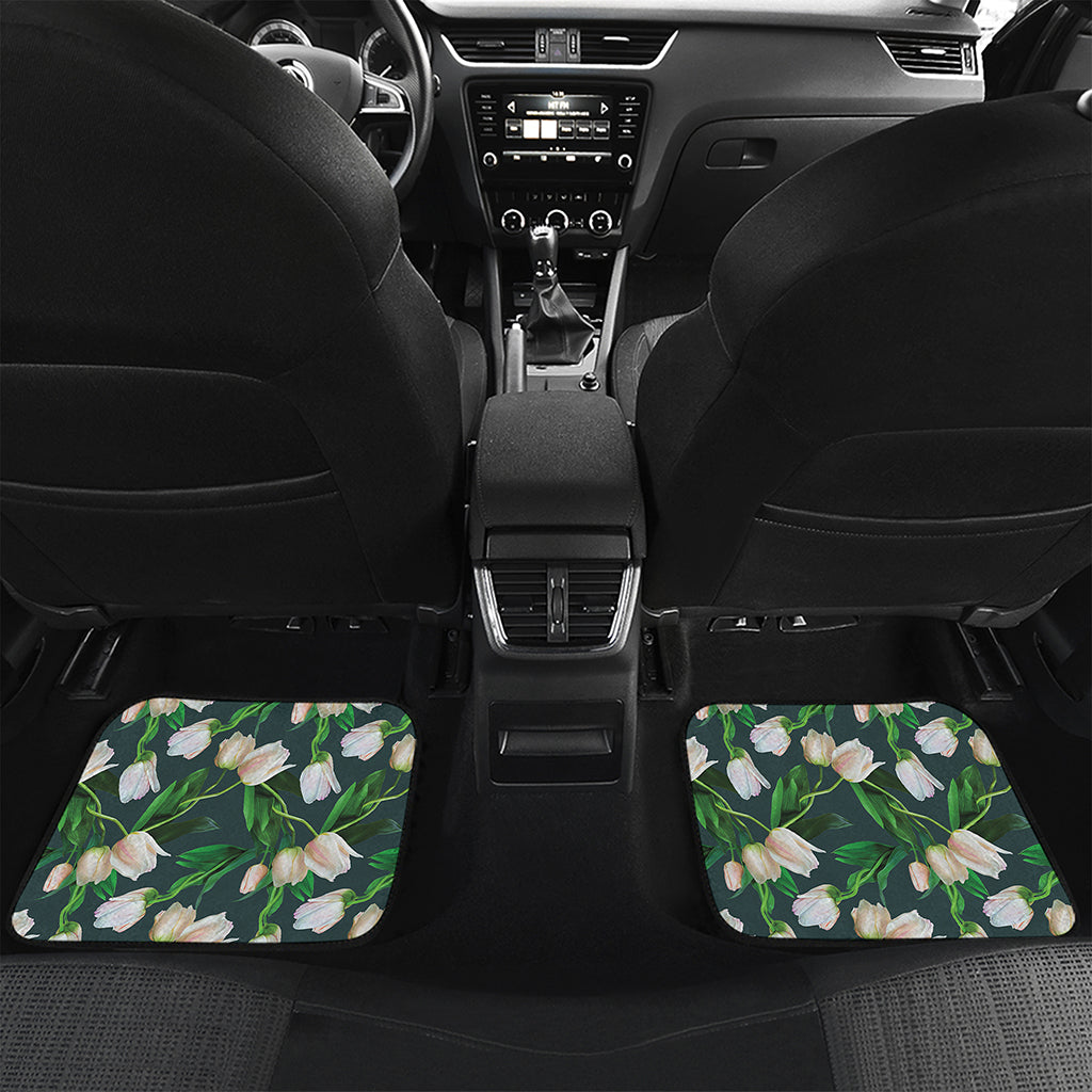 White Tulip Pattern Print Front and Back Car Floor Mats