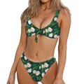 White Tulip Pattern Print Front Bow Tie Bikini