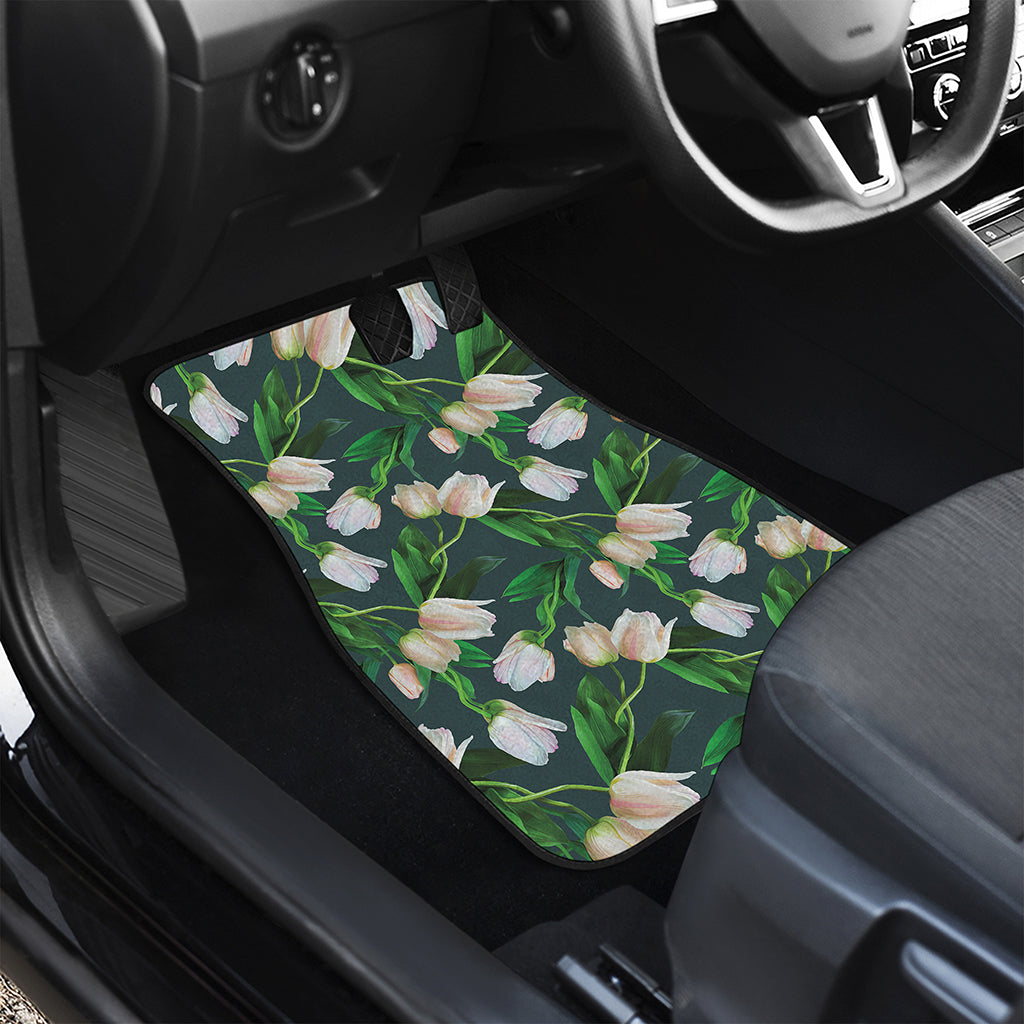 White Tulip Pattern Print Front Car Floor Mats