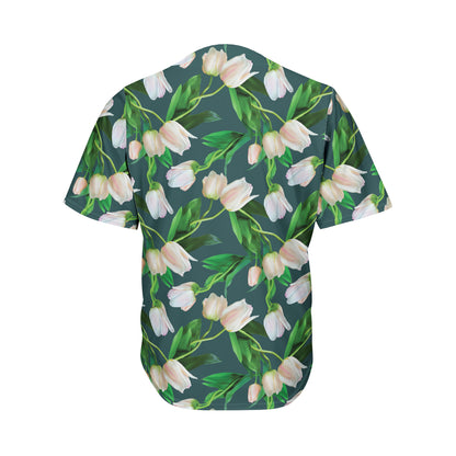 White Tulip Pattern Print Men's Baseball Jersey