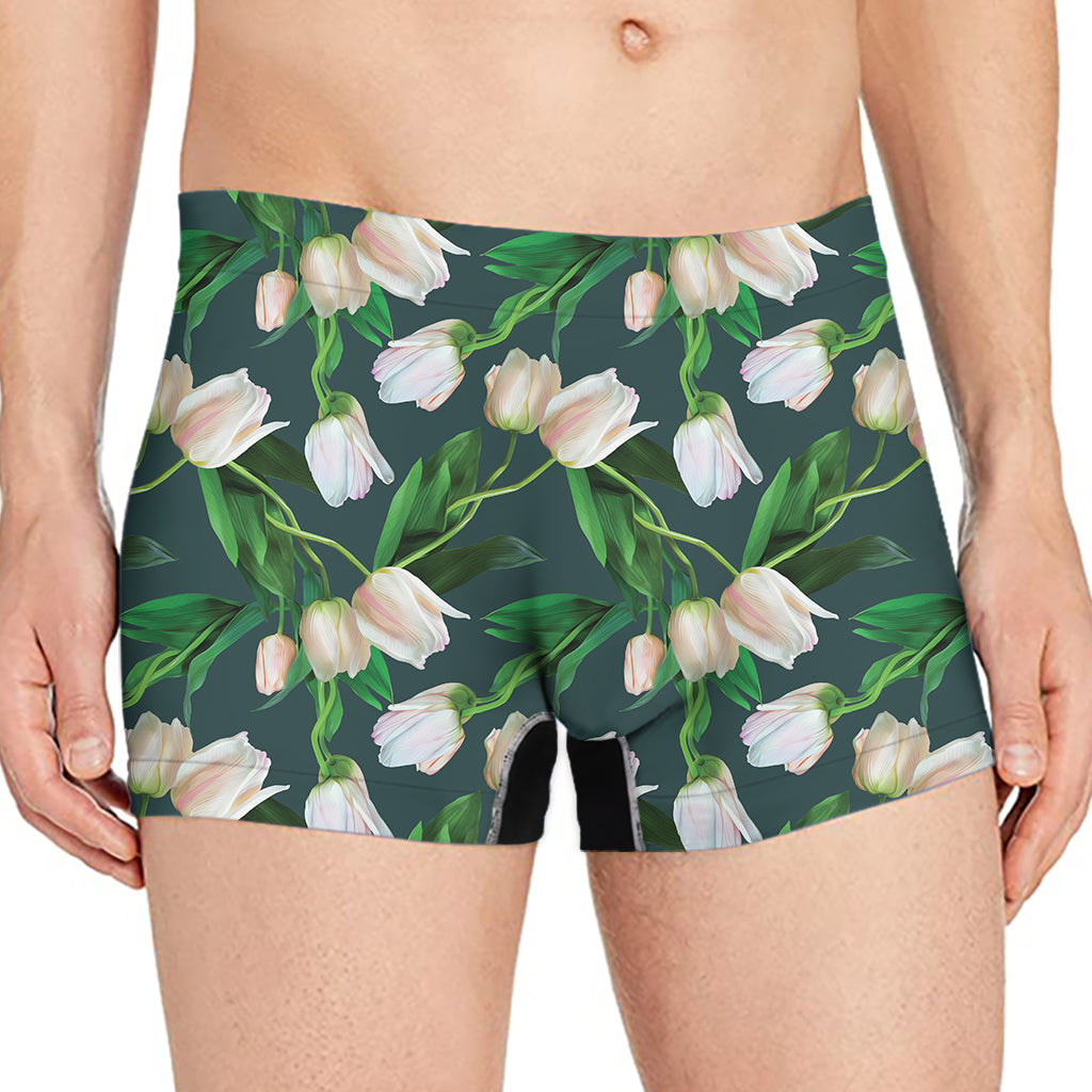 White Tulip Pattern Print Men's Boxer Briefs