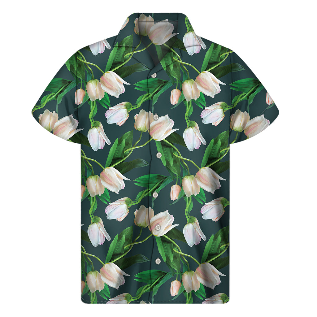 White Tulip Pattern Print Men's Short Sleeve Shirt