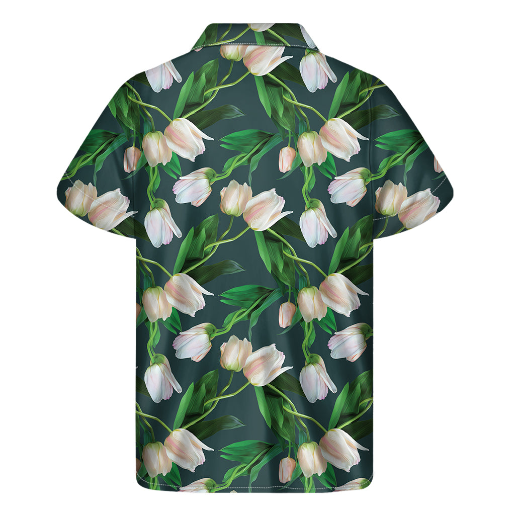 White Tulip Pattern Print Men's Short Sleeve Shirt