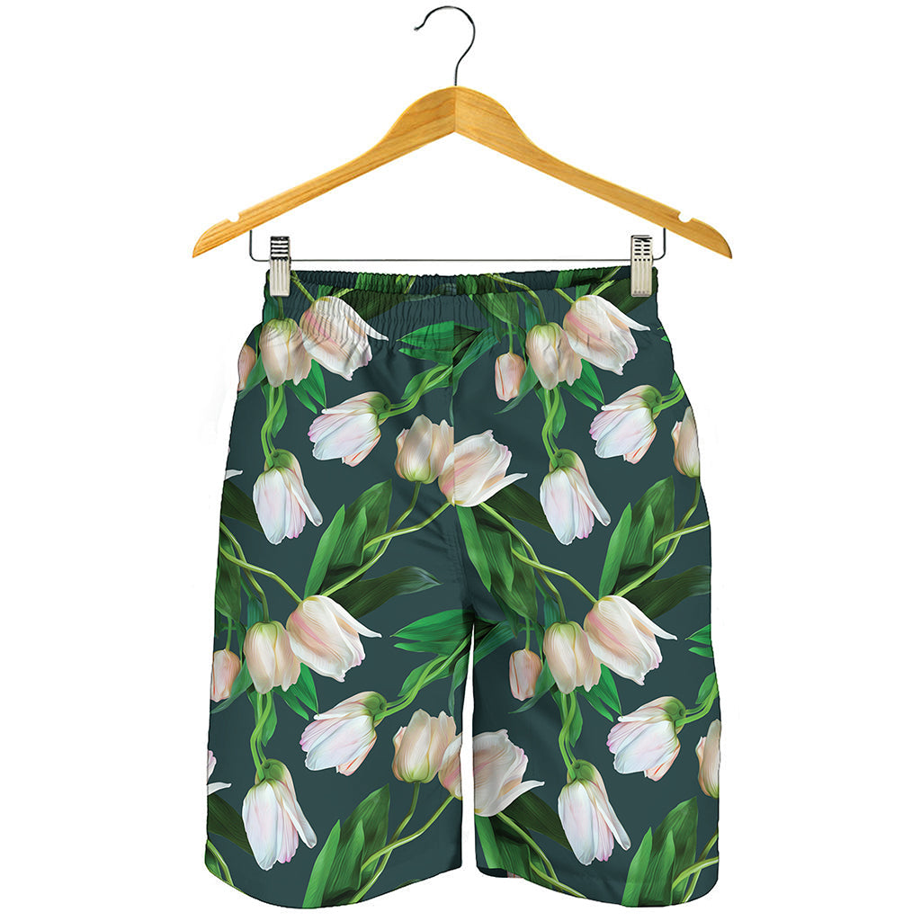 White Tulip Pattern Print Men's Shorts