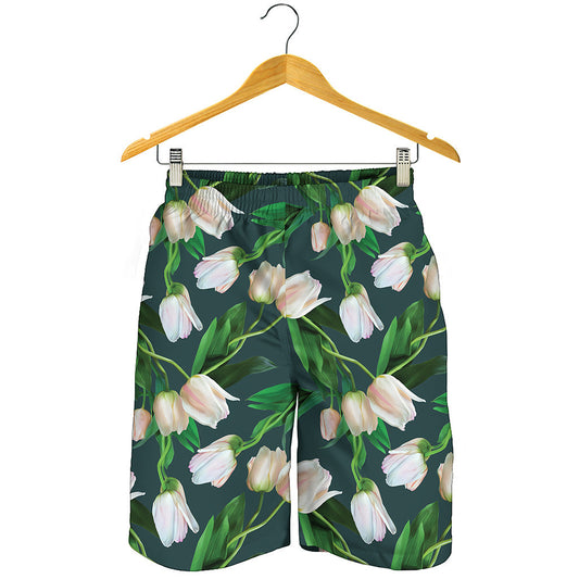 White Tulip Pattern Print Men's Shorts