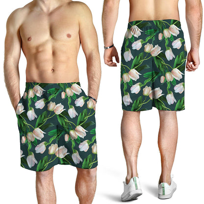 White Tulip Pattern Print Men's Shorts