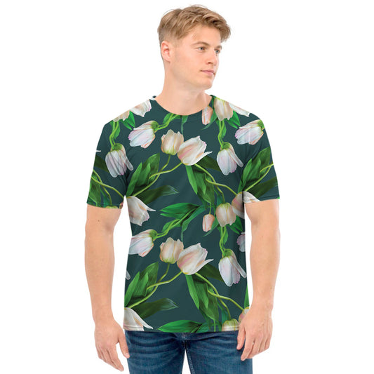 White Tulip Pattern Print Men's T-Shirt