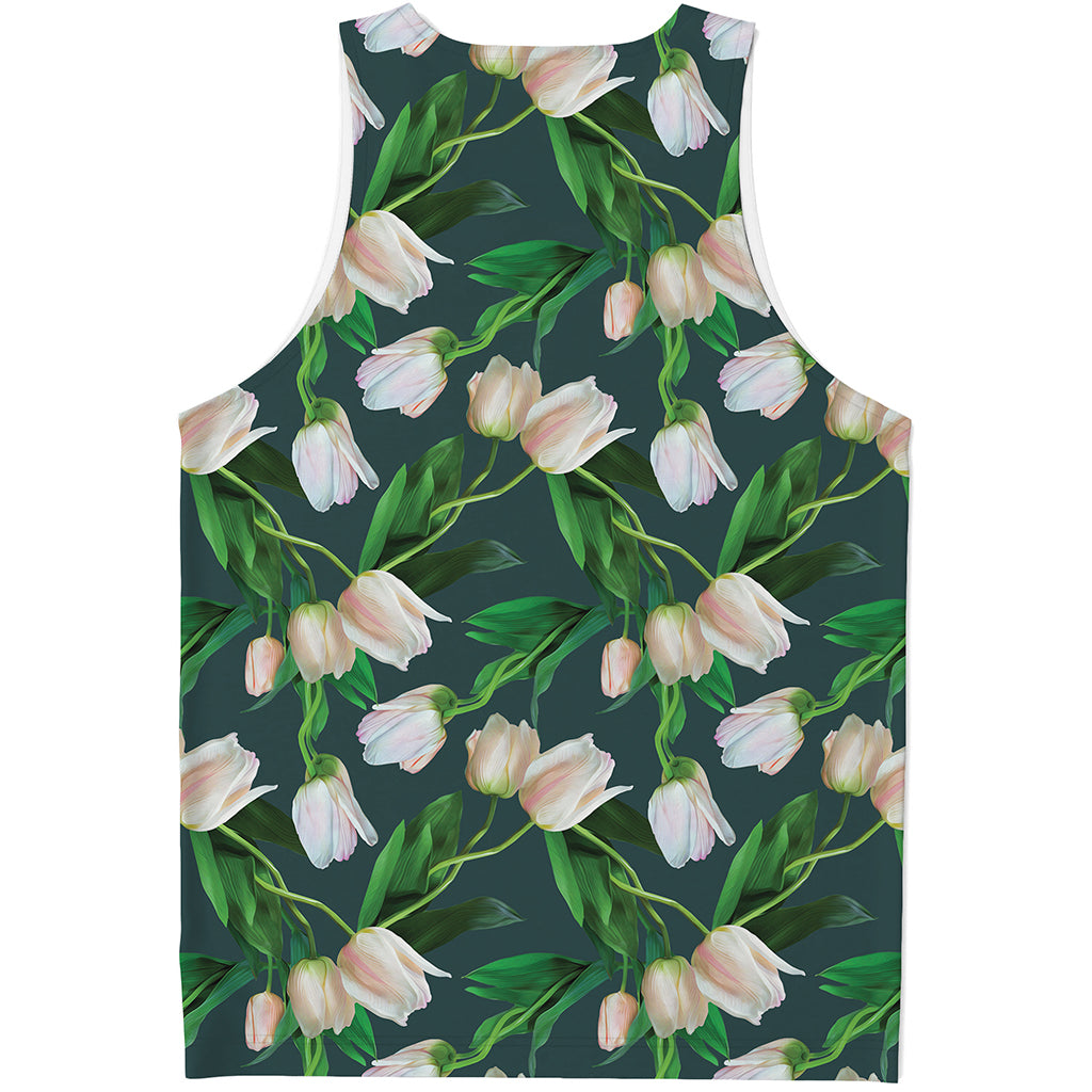 White Tulip Pattern Print Men's Tank Top