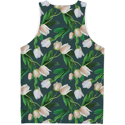 White Tulip Pattern Print Men's Tank Top