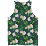 White Tulip Pattern Print Men's Tank Top