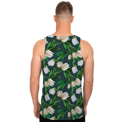 White Tulip Pattern Print Men's Tank Top