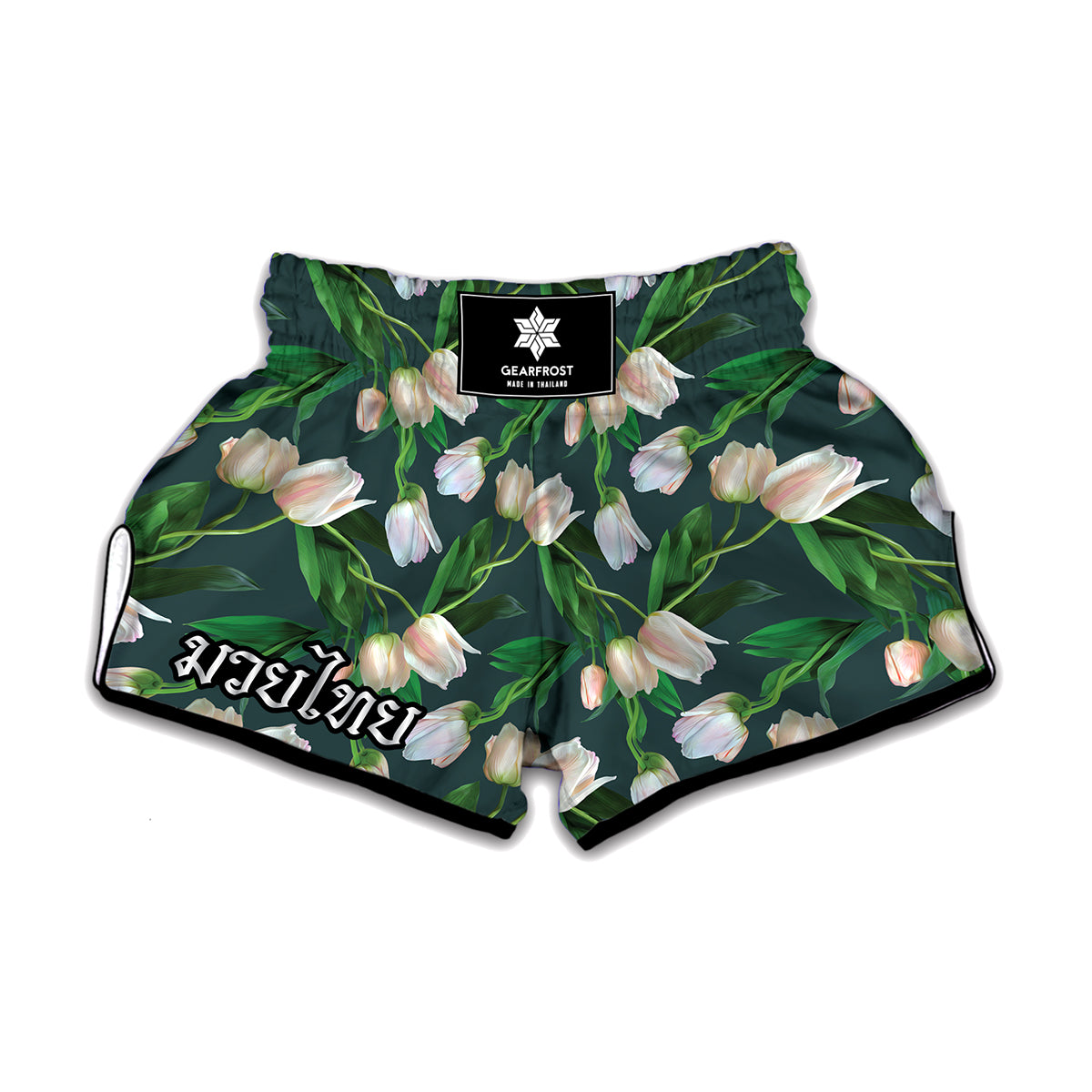 White Tulip Pattern Print Muay Thai Boxing Shorts