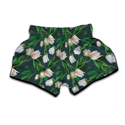 White Tulip Pattern Print Muay Thai Boxing Shorts