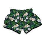 White Tulip Pattern Print Muay Thai Boxing Shorts