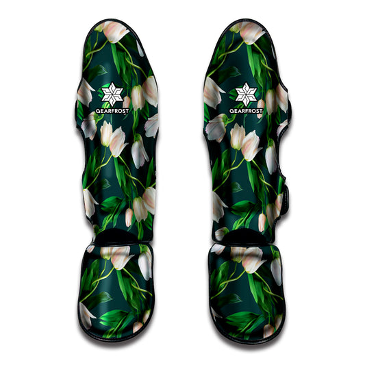 White Tulip Pattern Print Muay Thai Shin Guard