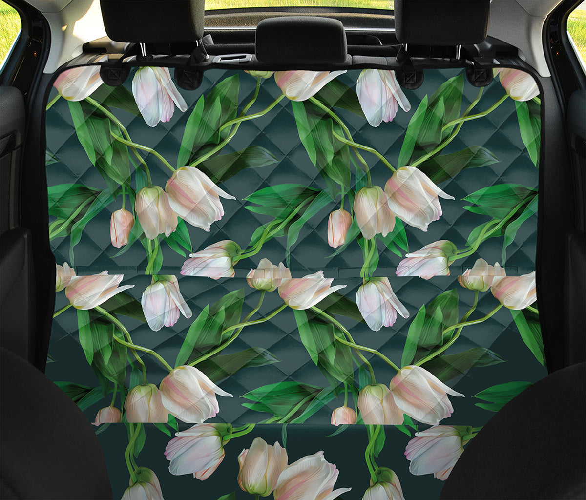 White Tulip Pattern Print Pet Car Back Seat Cover