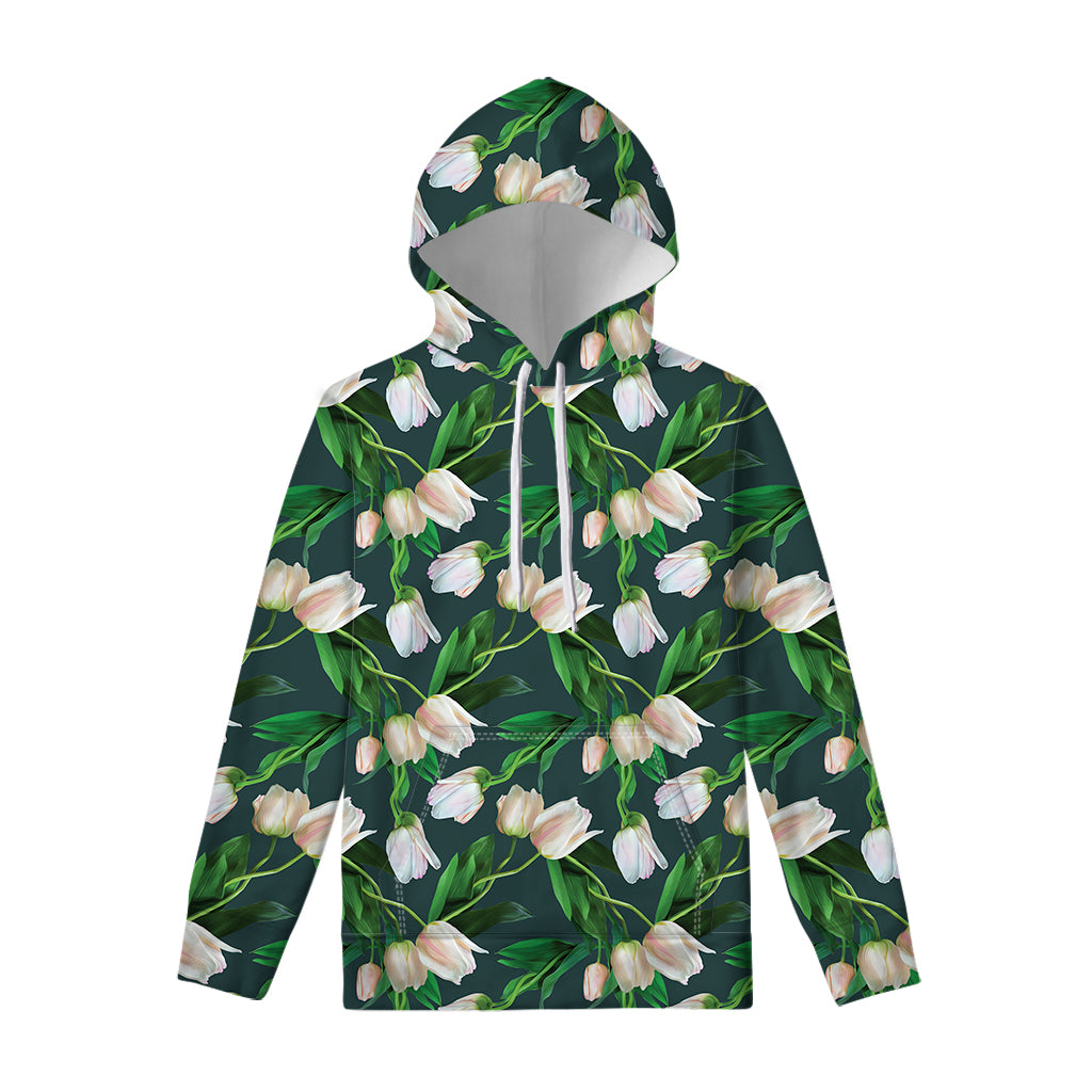 White Tulip Pattern Print Pullover Hoodie