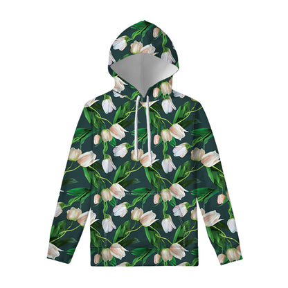 White Tulip Pattern Print Pullover Hoodie