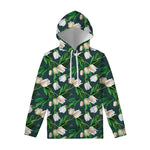 White Tulip Pattern Print Pullover Hoodie