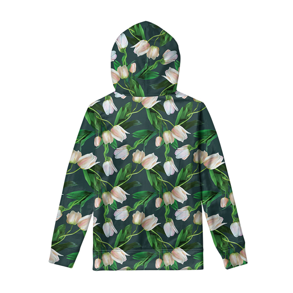 White Tulip Pattern Print Pullover Hoodie