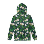 White Tulip Pattern Print Pullover Hoodie
