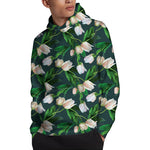 White Tulip Pattern Print Pullover Hoodie