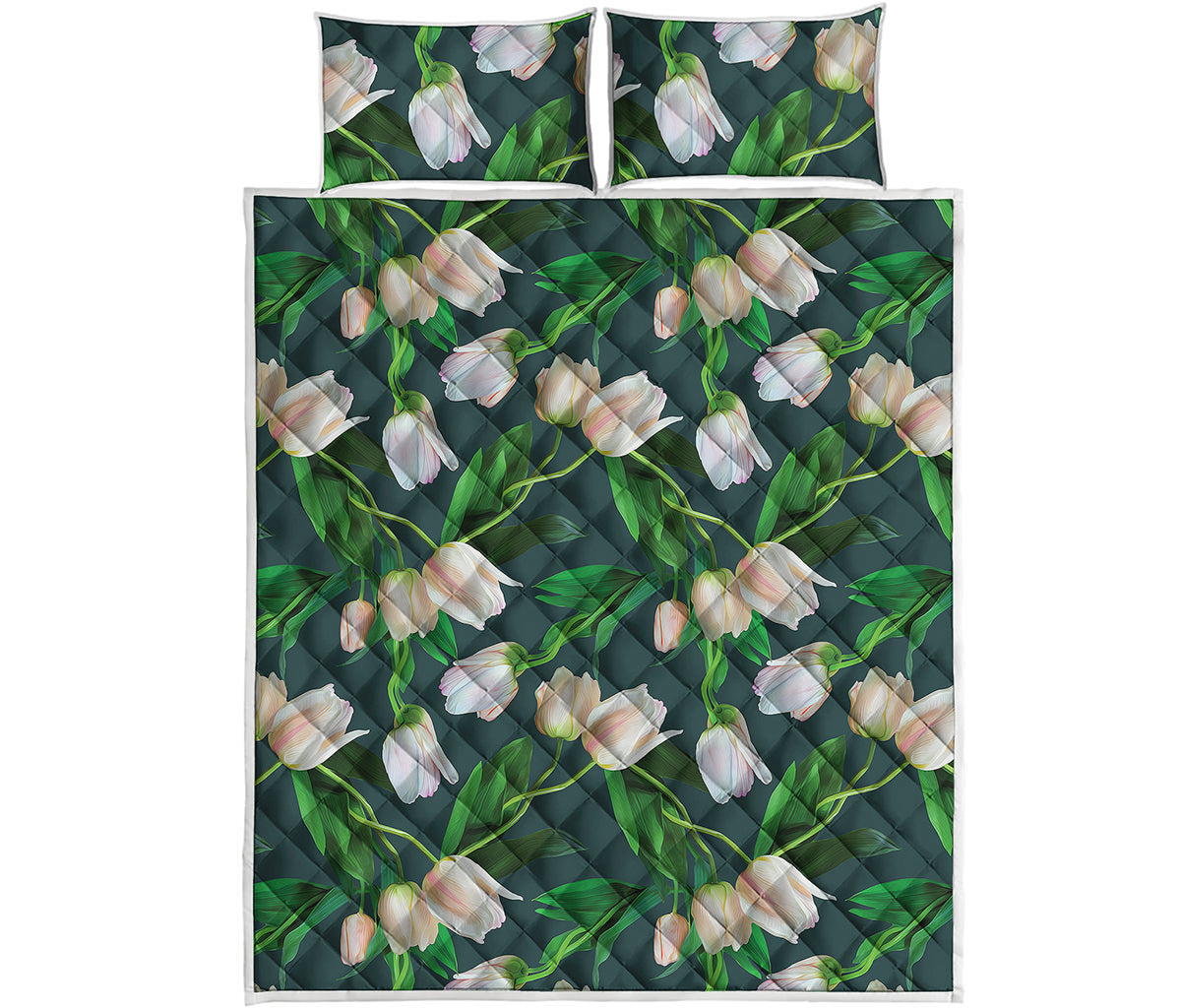 White Tulip Pattern Print Quilt Bed Set