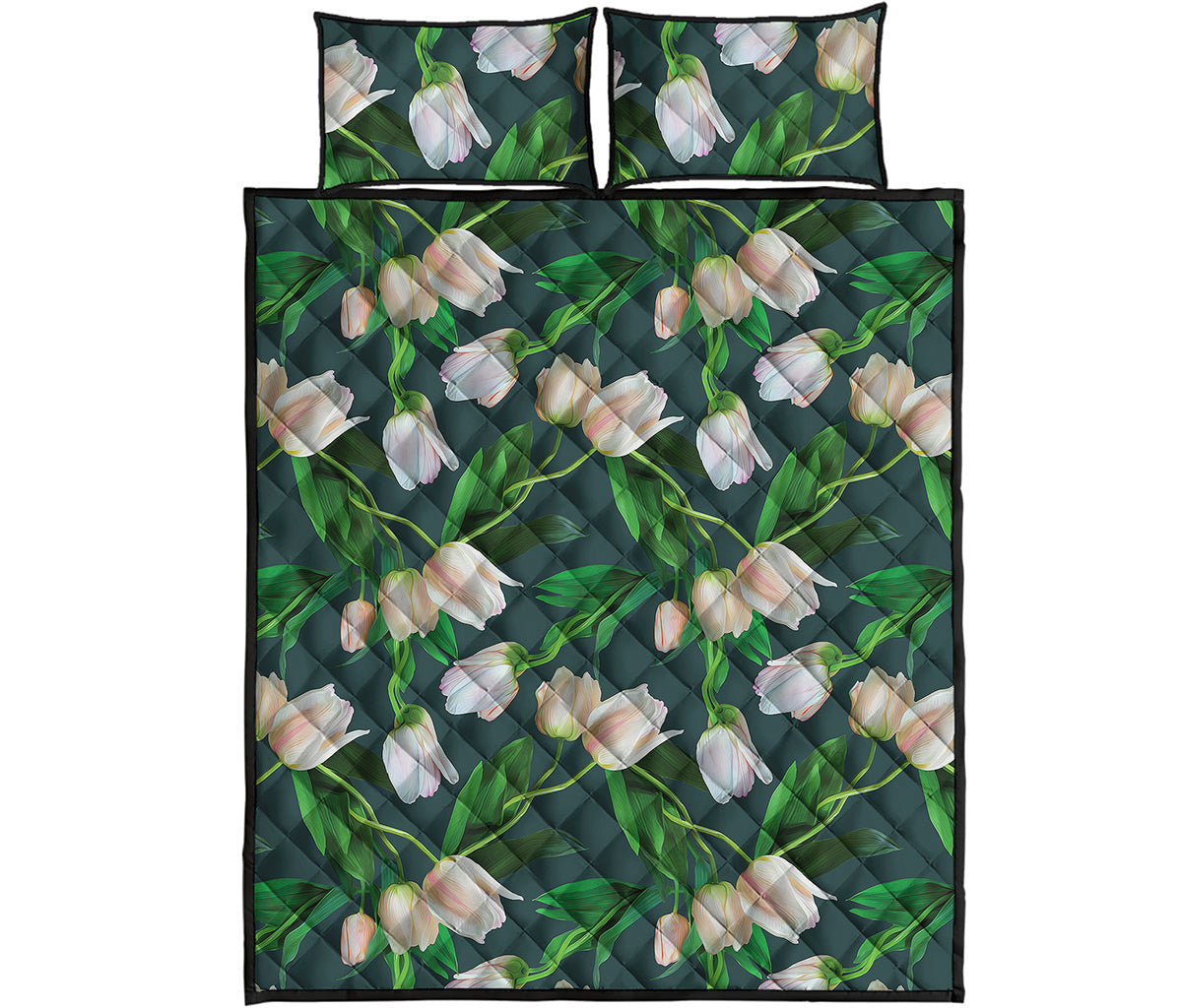 White Tulip Pattern Print Quilt Bed Set
