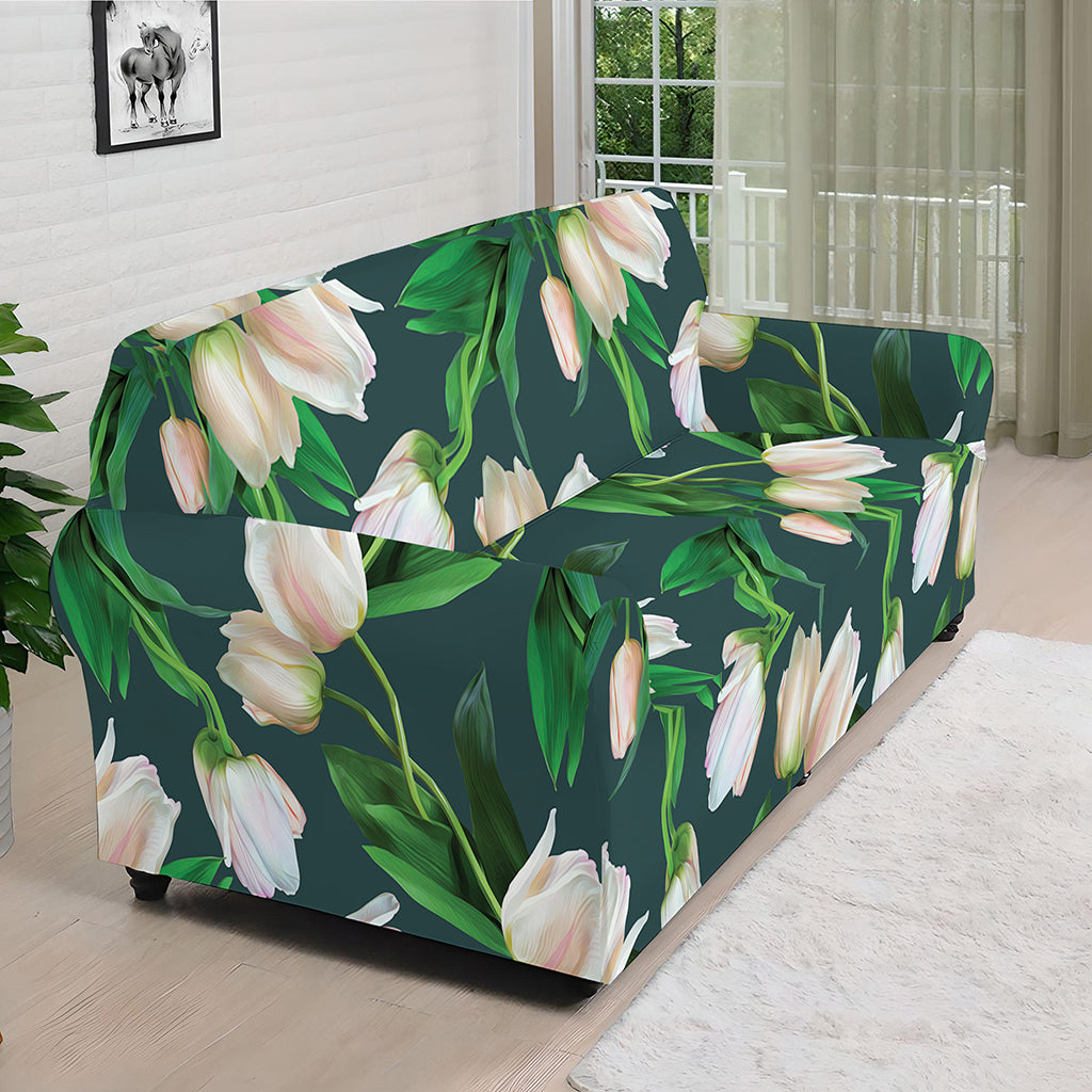 White Tulip Pattern Print Sofa Cover
