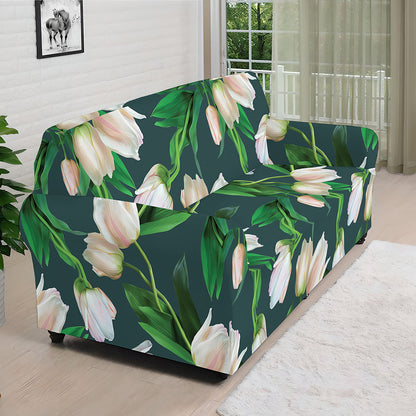 White Tulip Pattern Print Sofa Cover