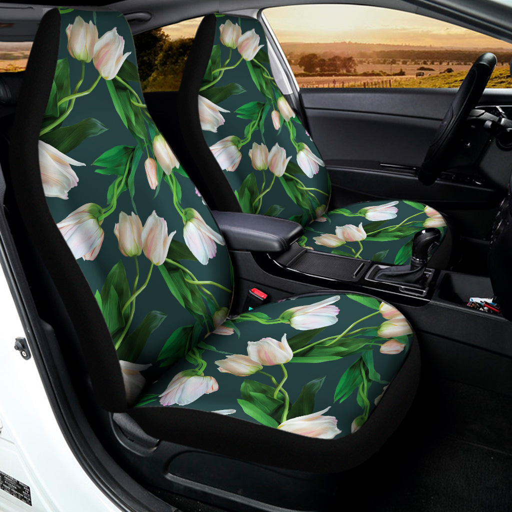White Tulip Pattern Print Universal Fit Car Seat Covers