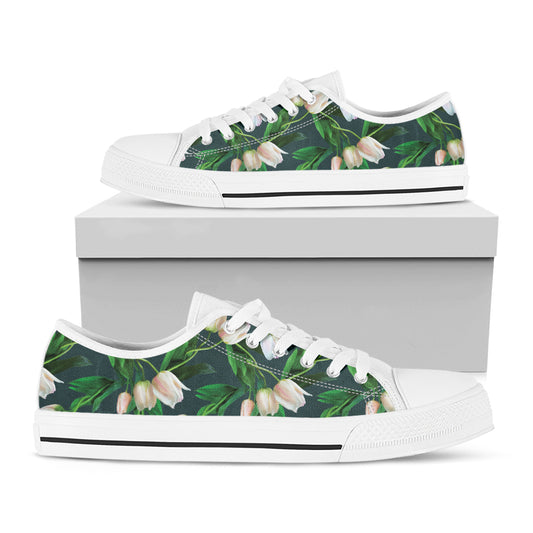 White Tulip Pattern Print White Low Top Shoes