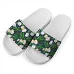White Tulip Pattern Print White Slide Sandals