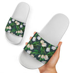 White Tulip Pattern Print White Slide Sandals