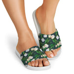 White Tulip Pattern Print White Slide Sandals