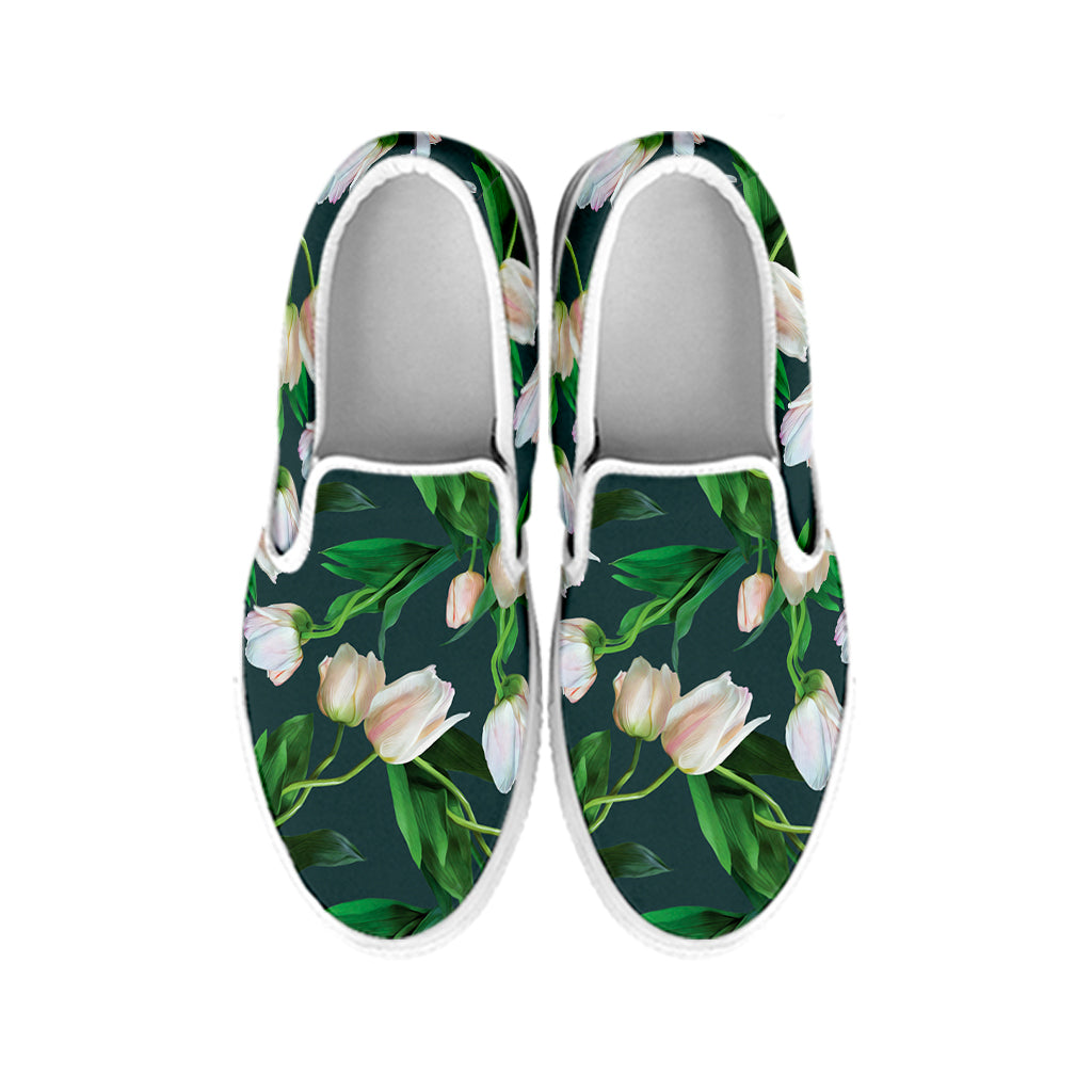 White Tulip Pattern Print White Slip On Shoes