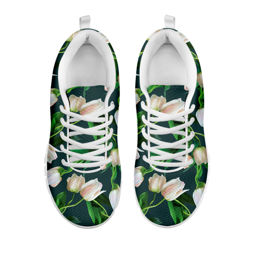 White Tulip Pattern Print White Sneakers