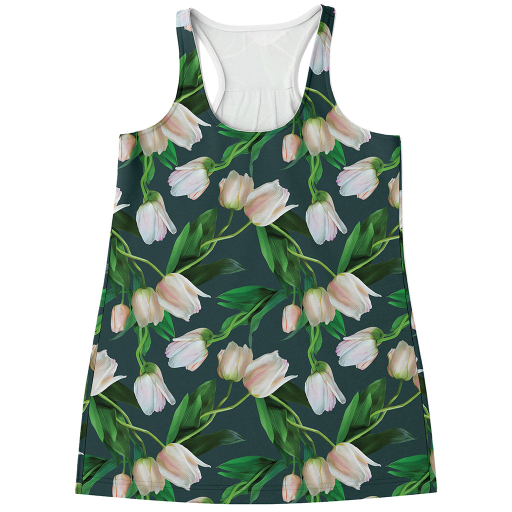 White Tulip Pattern Print Women's Racerback Tank Top