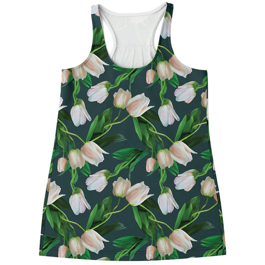 White Tulip Pattern Print Women's Racerback Tank Top