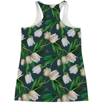 White Tulip Pattern Print Women's Racerback Tank Top