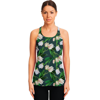White Tulip Pattern Print Women's Racerback Tank Top