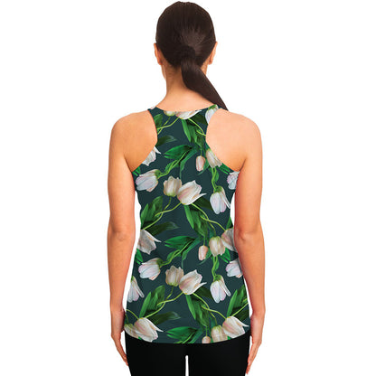 White Tulip Pattern Print Women's Racerback Tank Top