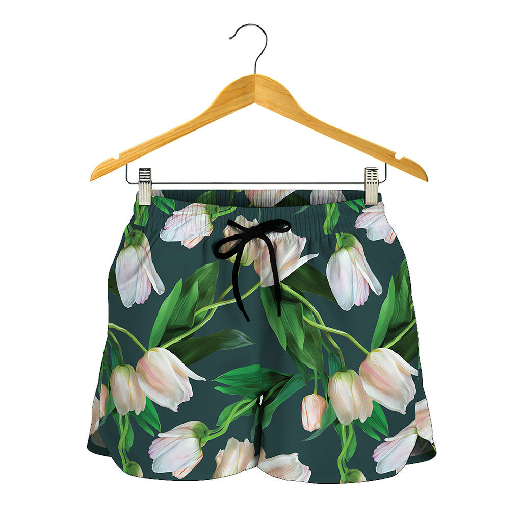 White Tulip Pattern Print Women's Shorts